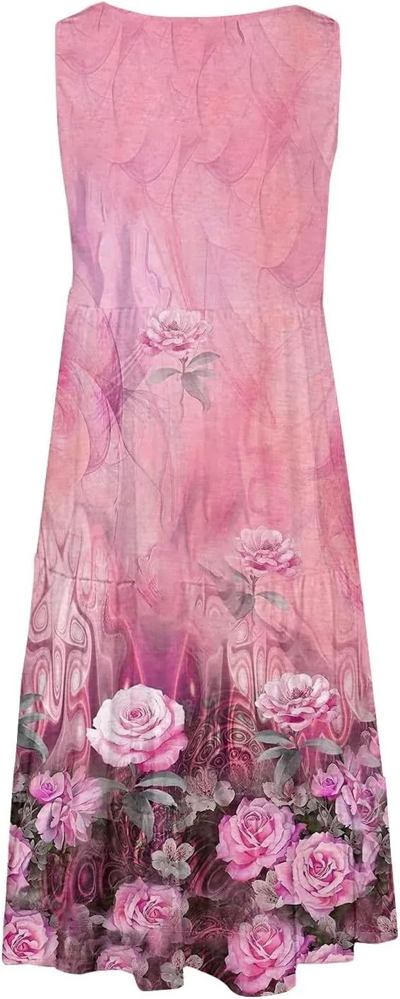 Women's Summer Floral Dresses 2025 Casual Loose Crew Neck Midi Dress Sleeveless Vacation Beach Sundresses