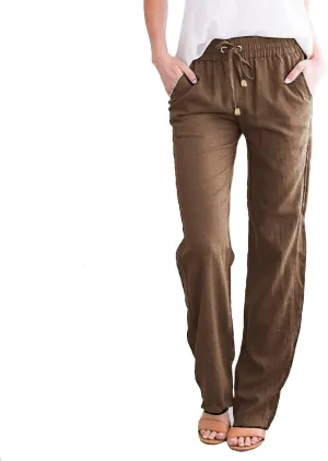 Women's Summer High Waisted Linen Pants Straight Leg Drawstring Beach Pants Casual Loose Comfy Trousers with Pockets