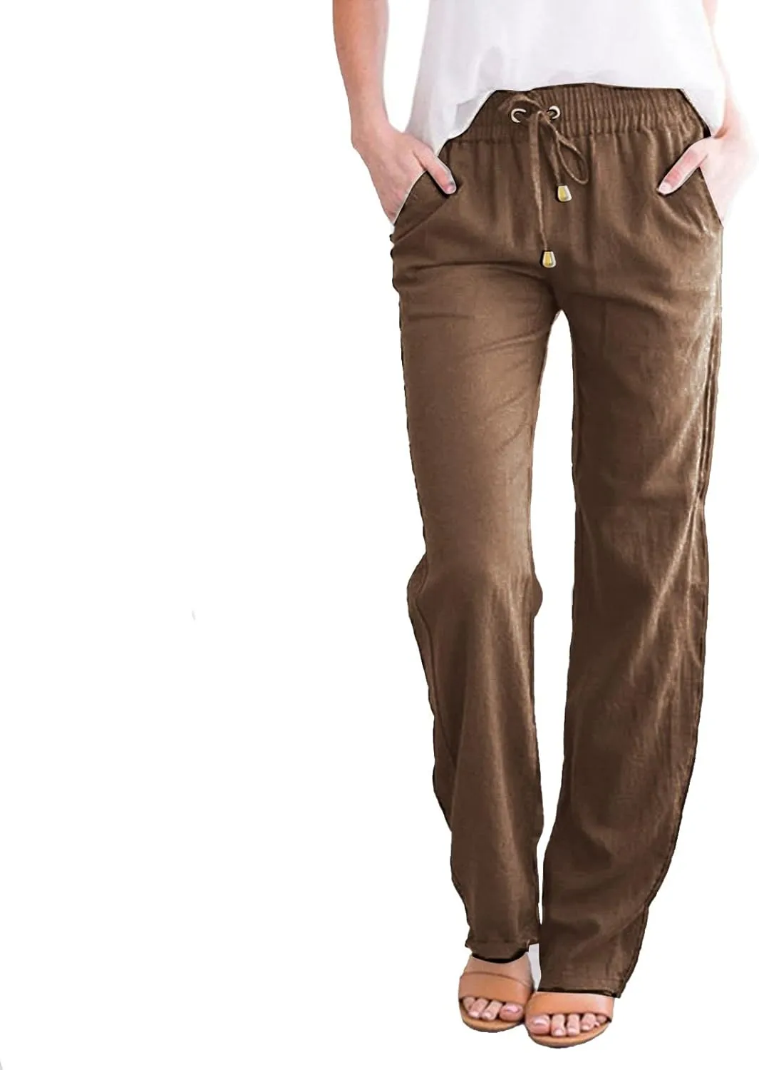 Women's Summer High Waisted Linen Pants Straight Leg Drawstring Beach Pants Casual Loose Comfy Trousers with Pockets