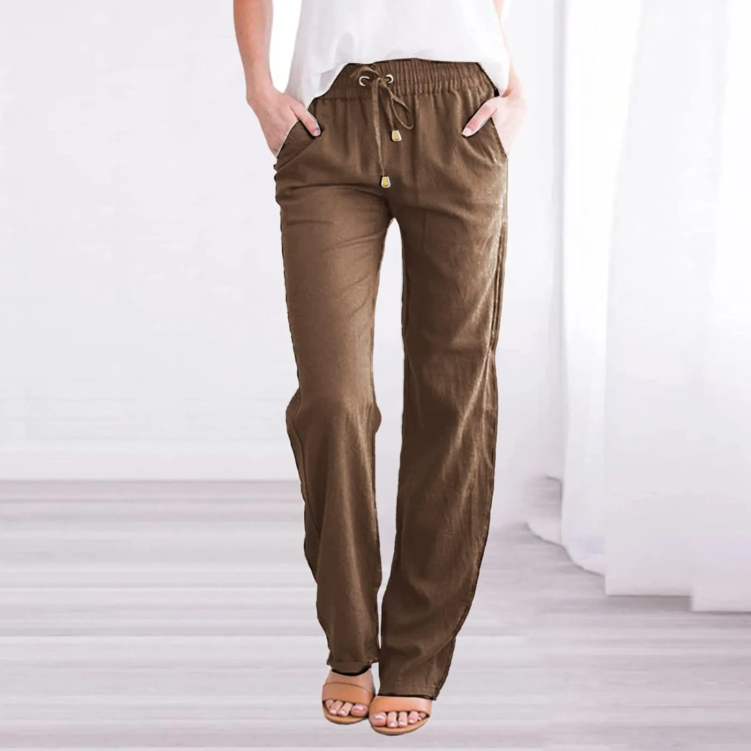 Women's Summer High Waisted Linen Pants Straight Leg Drawstring Beach Pants Casual Loose Comfy Trousers with Pockets