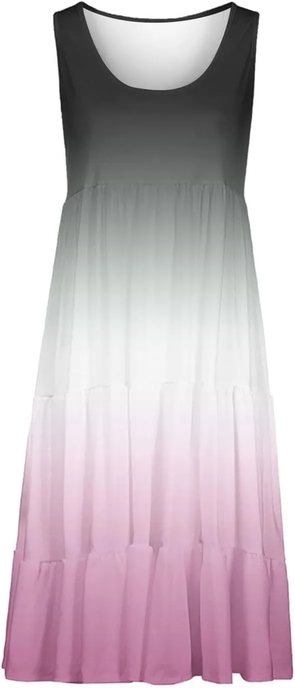 Women's Summer Midi Dress 2025 Sleeveless Crew Neck Dresses Casual A-Line Flowy Beach Sundress Beach Outfits