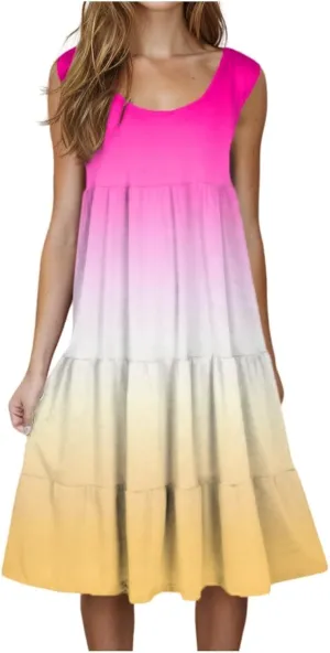 Women's Summer Midi Dress 2025 Sleeveless Crew Neck Dresses Casual A-Line Flowy Beach Sundress Beach Outfits