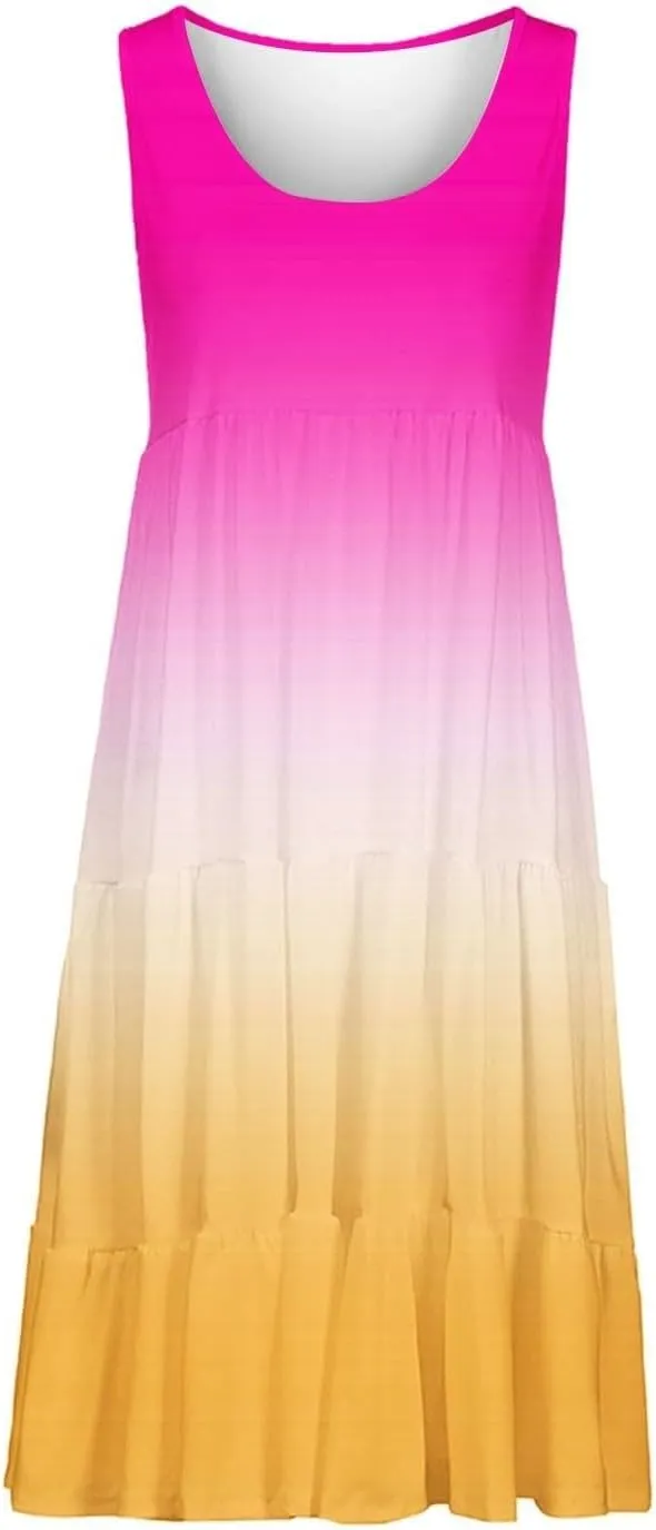 Women's Summer Midi Dress 2025 Sleeveless Crew Neck Dresses Casual A-Line Flowy Beach Sundress Beach Outfits