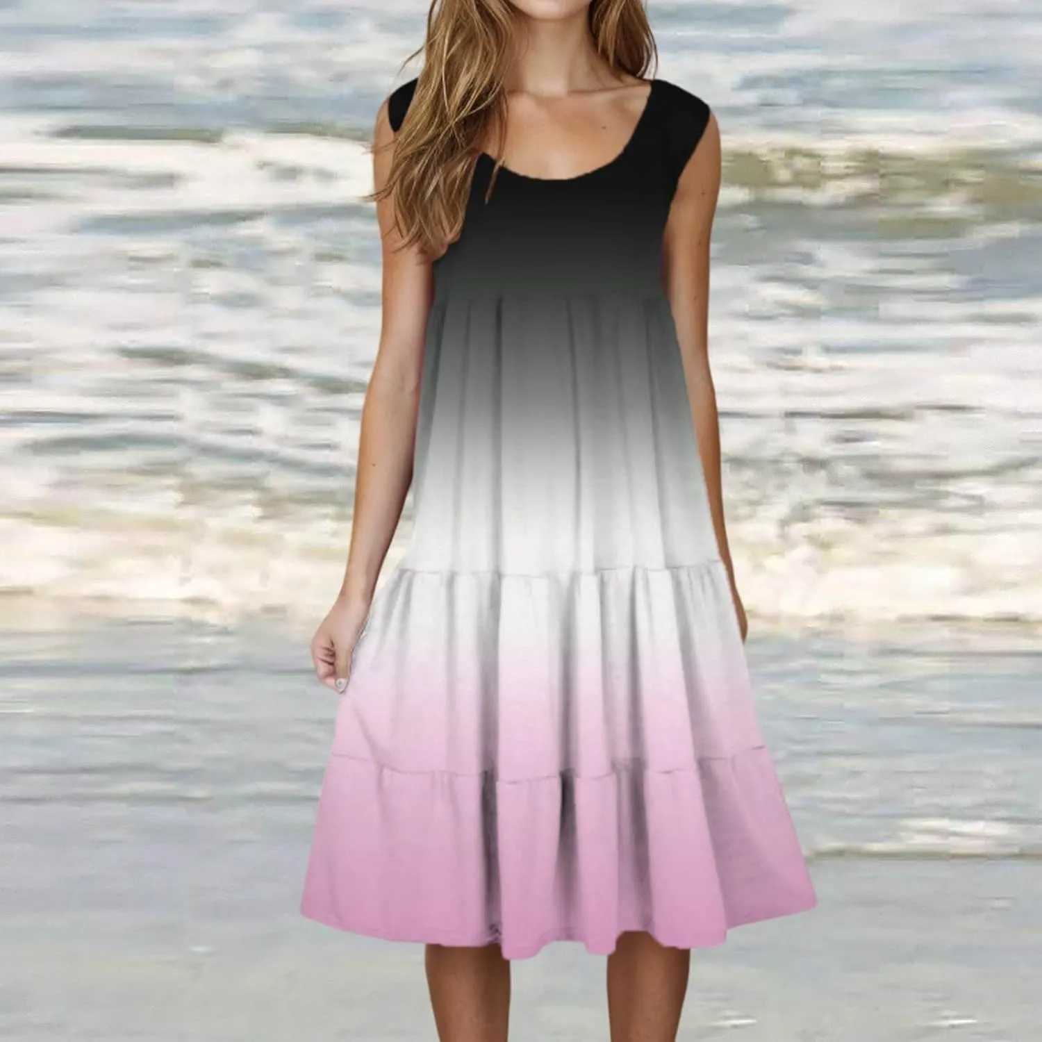 Women's Summer Midi Dress 2025 Sleeveless Crew Neck Dresses Casual A-Line Flowy Beach Sundress Beach Outfits