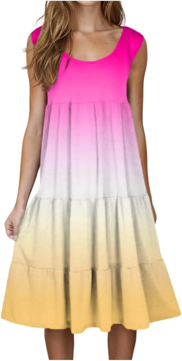 Women's Summer Midi Dress 2025 Sleeveless Crew Neck Dresses Casual A-Line Flowy Beach Sundress Beach Outfits