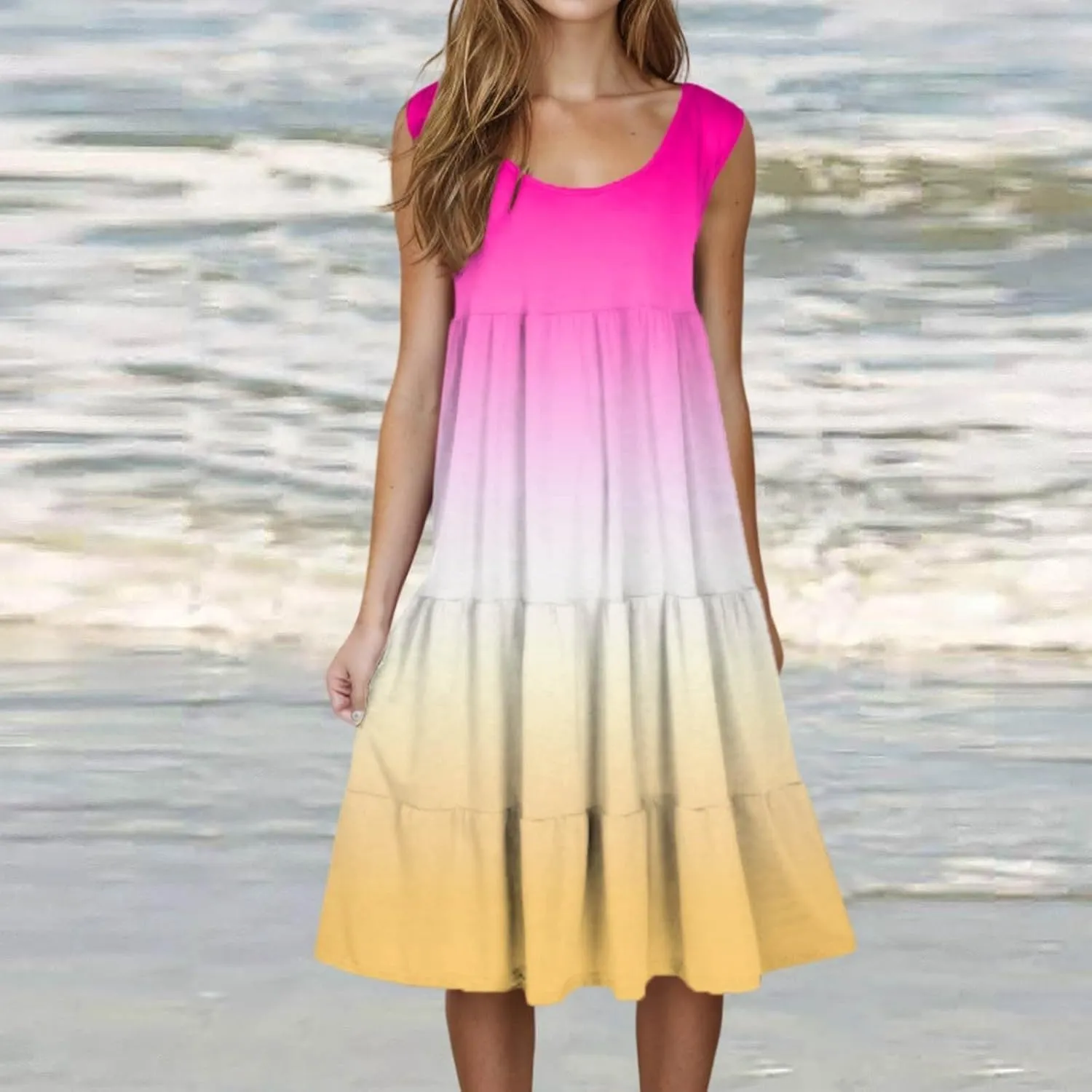 Women's Summer Midi Dress 2025 Sleeveless Crew Neck Dresses Casual A-Line Flowy Beach Sundress Beach Outfits