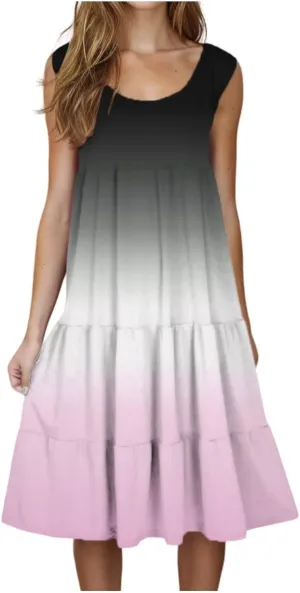 Women's Summer Midi Dress 2025 Sleeveless Crew Neck Dresses Casual A-Line Flowy Beach Sundress Beach Outfits