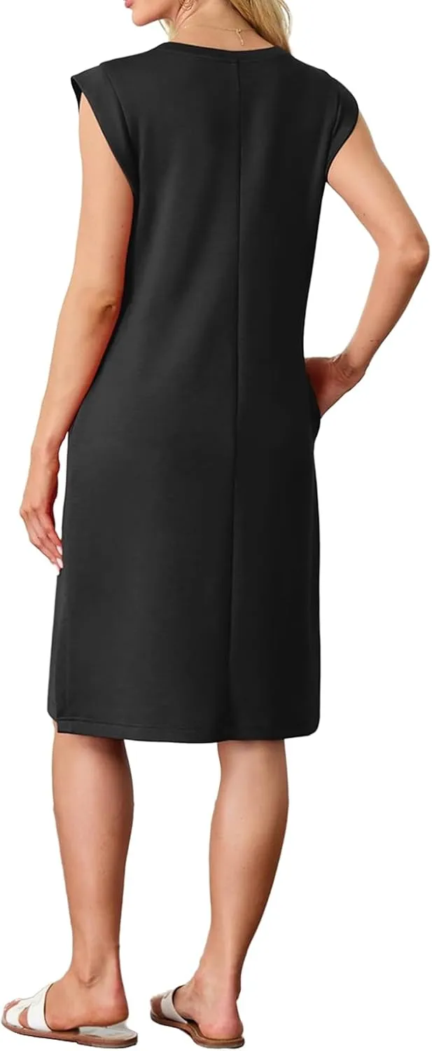 Womens Summer Midi Dress Sleeveless Crew Neck Loose Side Split Dress Casual Dressy Trendy T Shirt Dress with Pockets