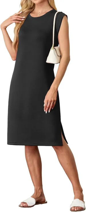 Womens Summer Midi Dress Sleeveless Crew Neck Loose Side Split Dress Casual Dressy Trendy T Shirt Dress with Pockets