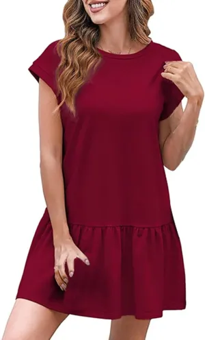 Womens Summer T Shirt Dress Casual V Neck Short Sleeve Mini Sundress Ruffled Hem A Line Short Dresses 2025