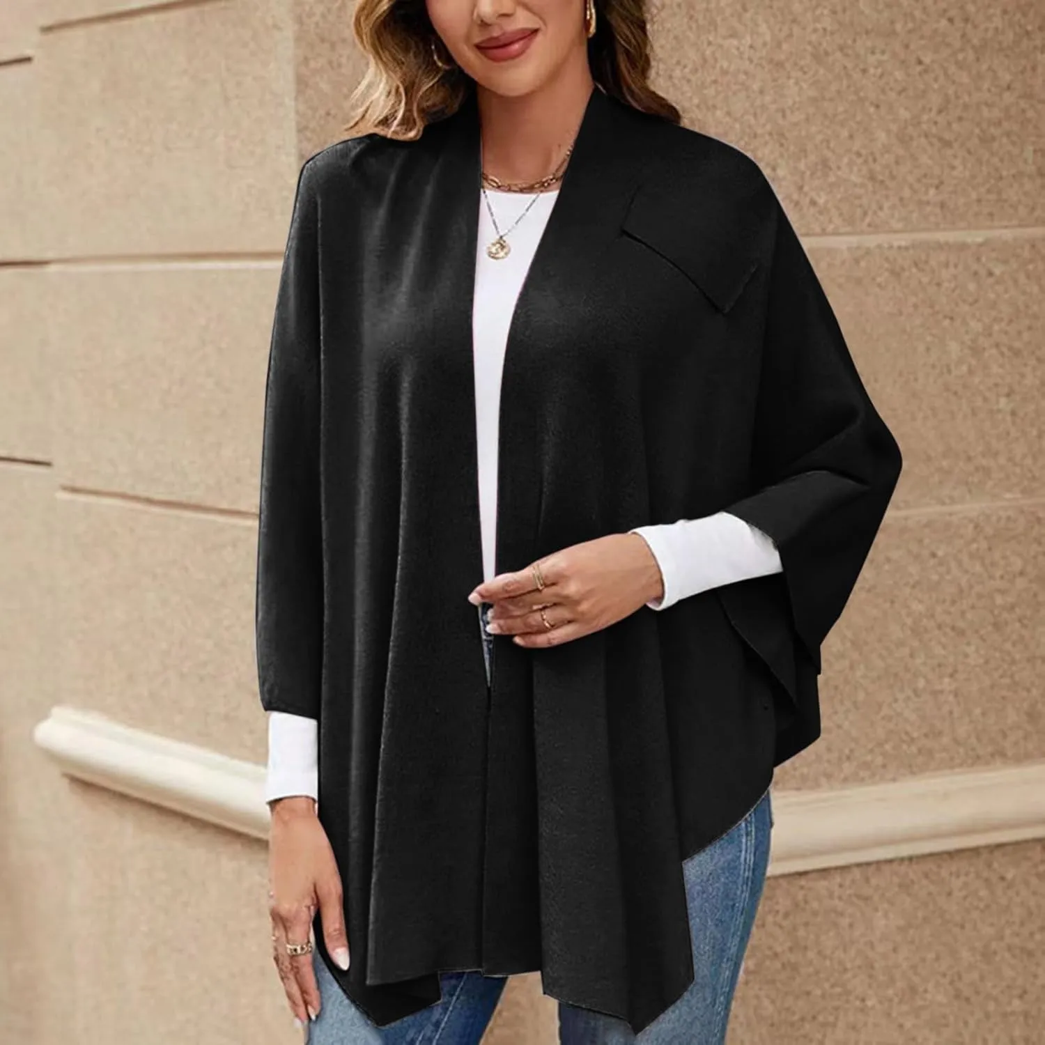 Women's Travel Knit Shawl Wraps, Knitted Poncho Cape Open Front Cardigan Sweater with Tassel for Spring Fall Winter