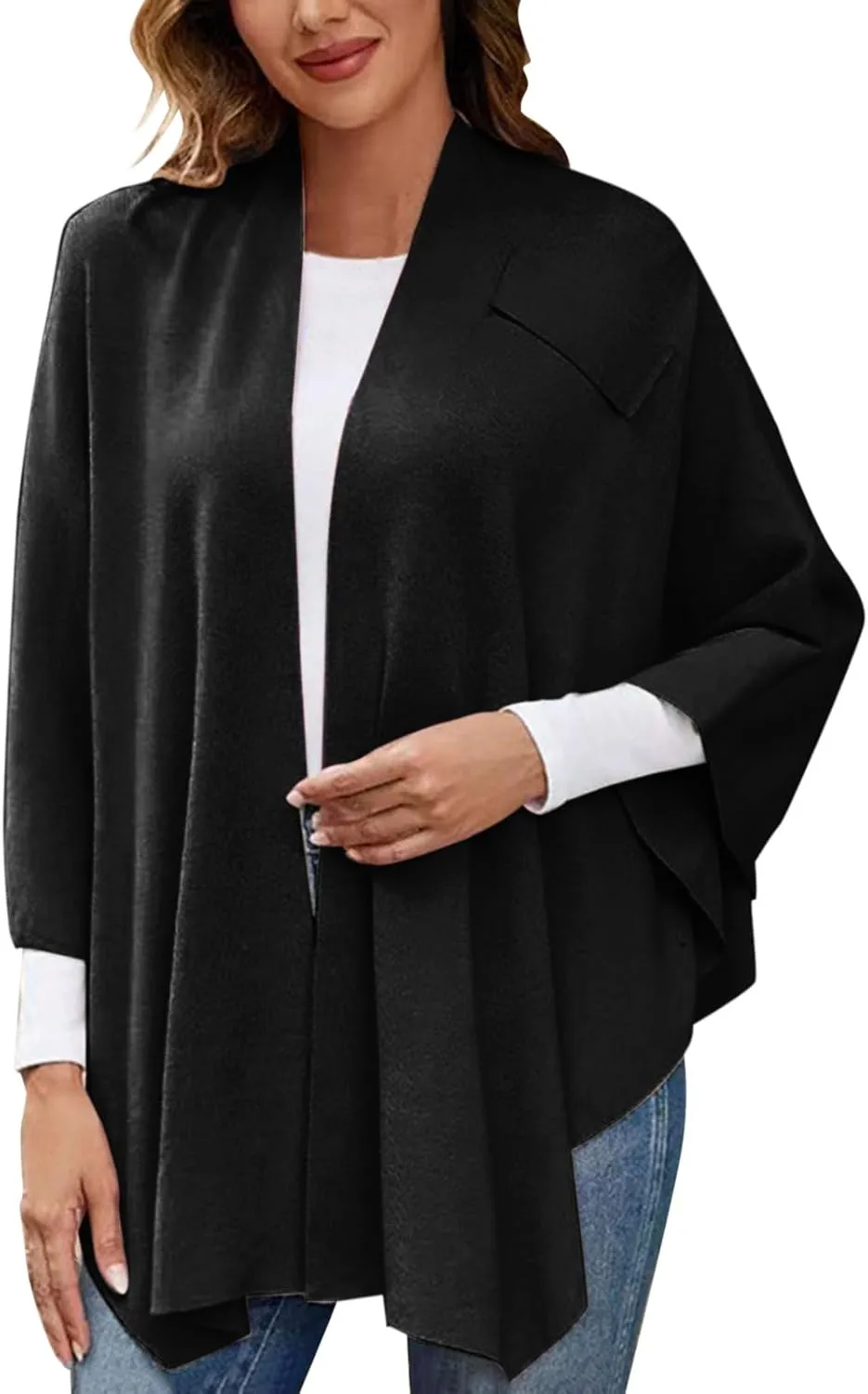Women's Travel Knit Shawl Wraps, Knitted Poncho Cape Open Front Cardigan Sweater with Tassel for Spring Fall Winter