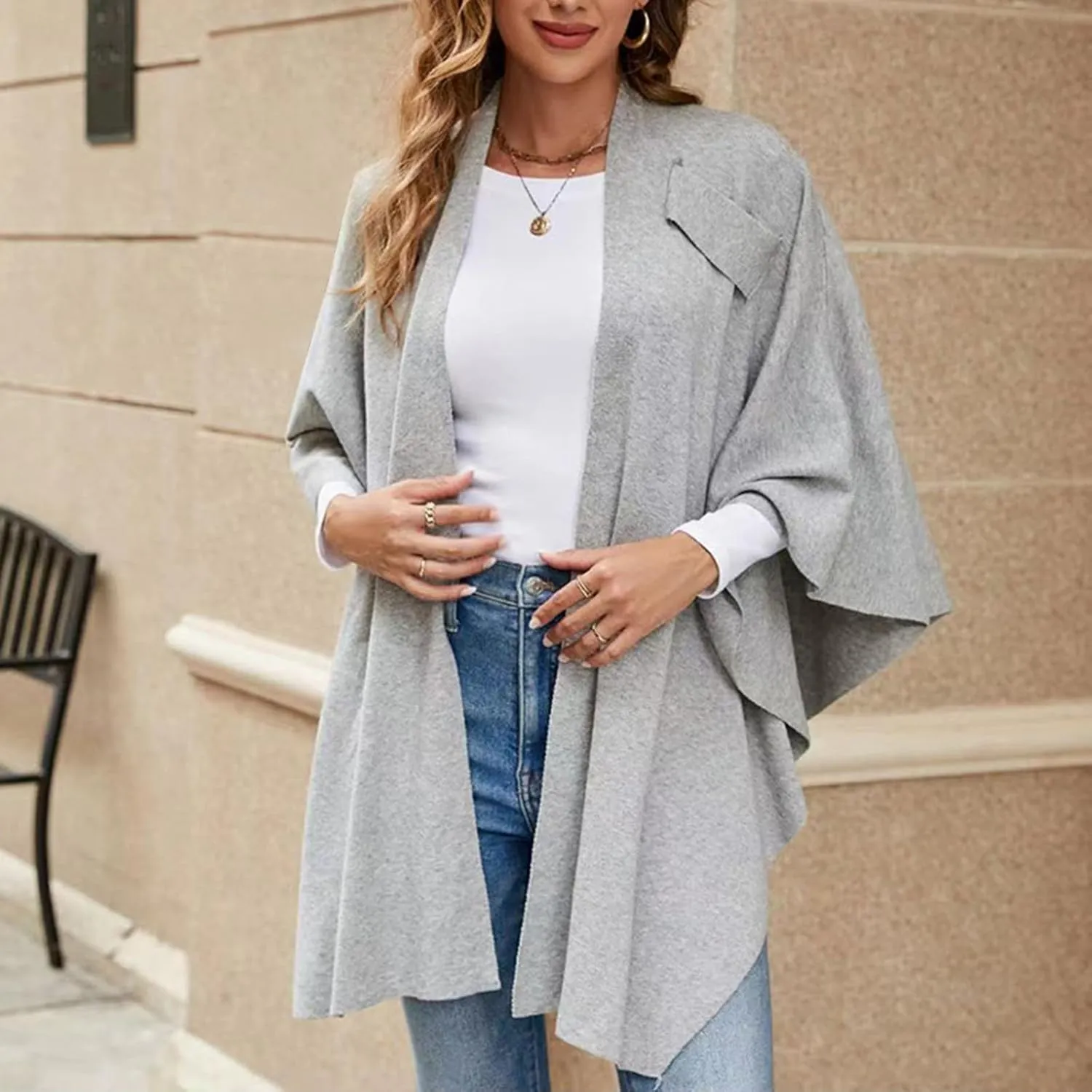 Women's Travel Knit Shawl Wraps, Knitted Poncho Cape Open Front Cardigan Sweater with Tassel for Spring Fall Winter