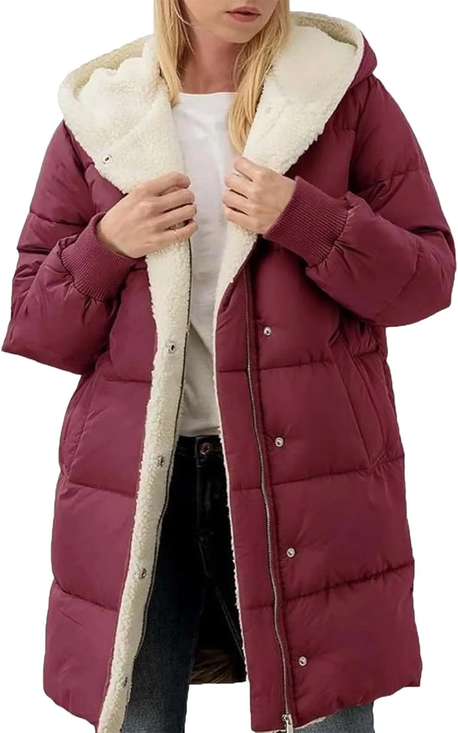 Womens Winter Coat Jacket Fleece Lined Long Sleeve Outwear Full Zipper Solid Coat Winter Warm Down Jacket with