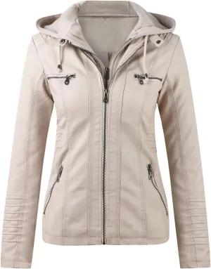 Womens Winter Coats with Hood Women's Removable Hooded Faux Leather Jacket Moto Biker Coat