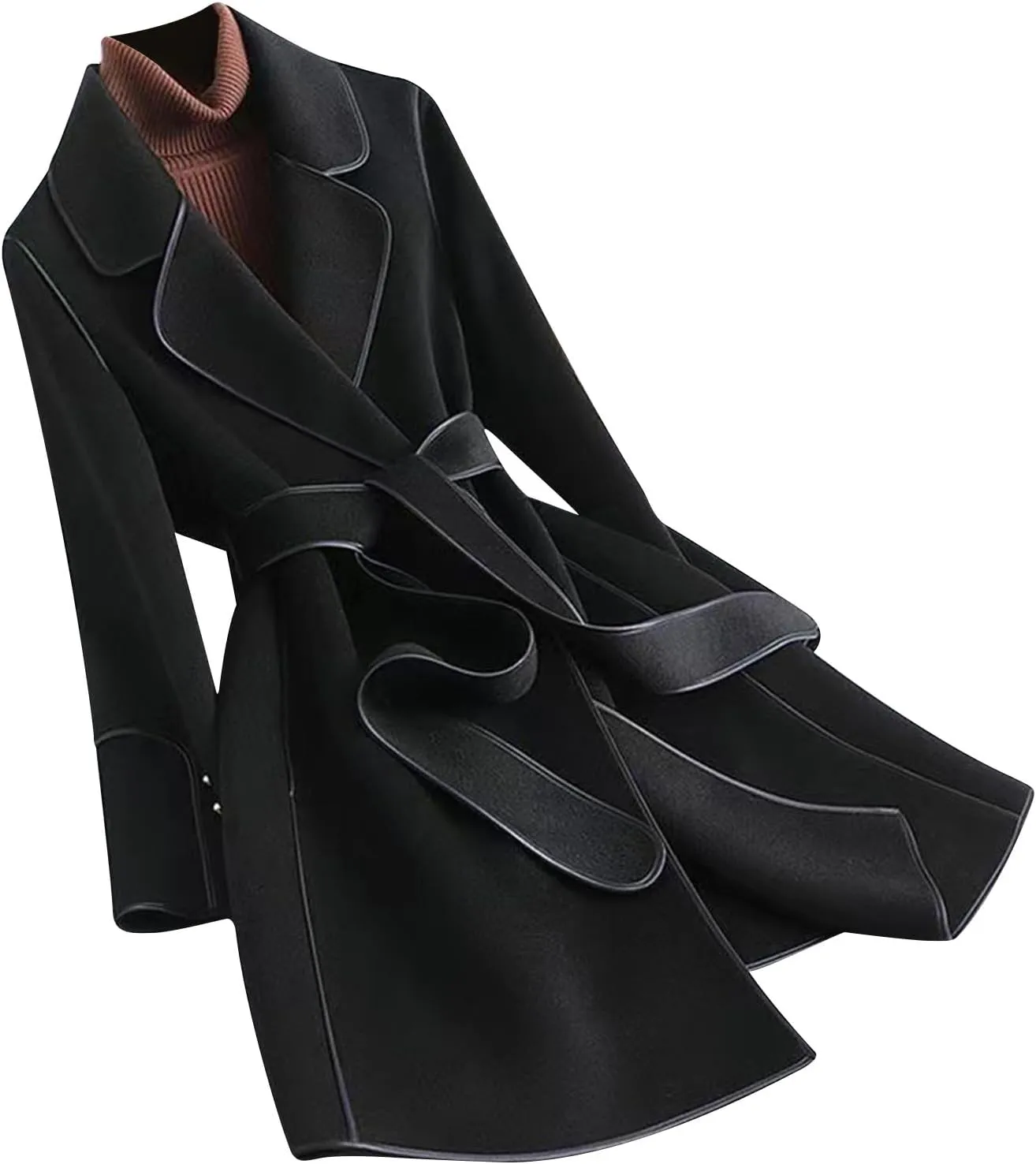 Womens Winter Coats Wool Blend Overcoat Fashion Notch Lapel Long Cardigan Elegant Mid Length Wrap Jacket with Tie Belt