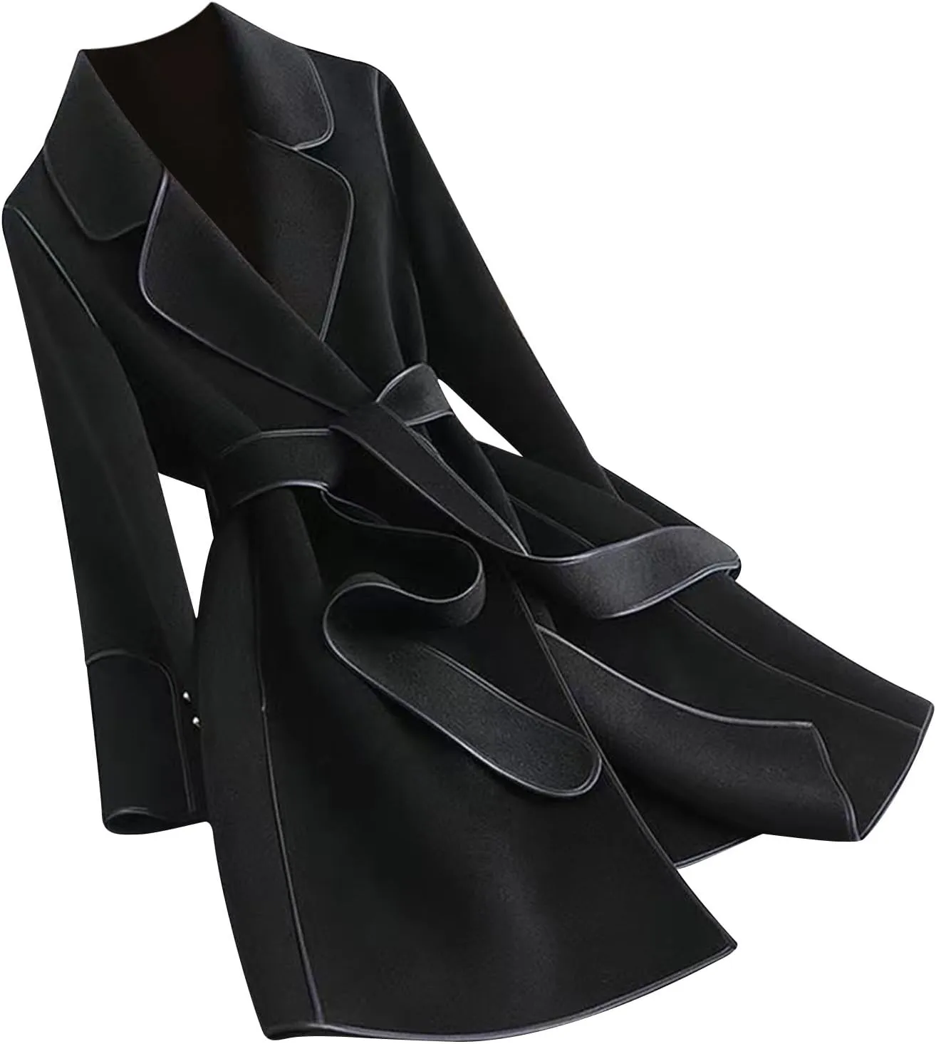 Womens Winter Coats Wool Blend Overcoat Fashion Notch Lapel Long Cardigan Elegant Mid Length Wrap Jacket with Tie Belt