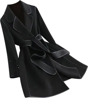 Womens Winter Coats Wool Blend Overcoat Fashion Notch Lapel Long Cardigan Elegant Mid Length Wrap Jacket with Tie Belt