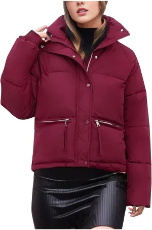 Women's Winter Cropped Puffer Jackets Long Sleeve Stand Collar Zip-Up Short Down Coat 2024 Casual Quilted Outerwear