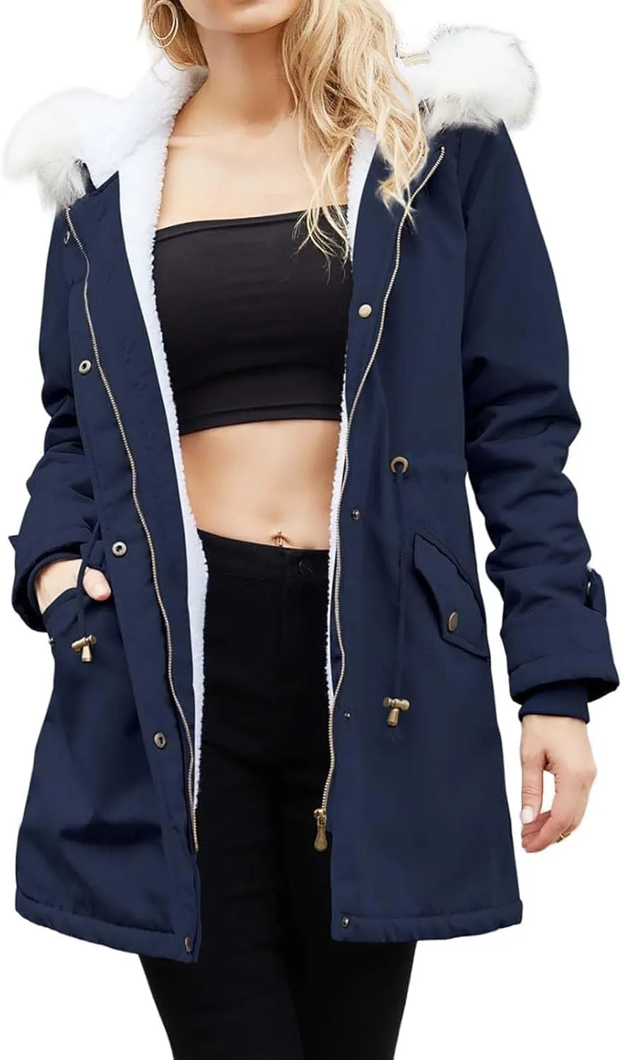 Womens Winter Fleece Jackets Warm Jackets with Faux Fur Removable Hood Casual Zipper Coats Thicken Parka