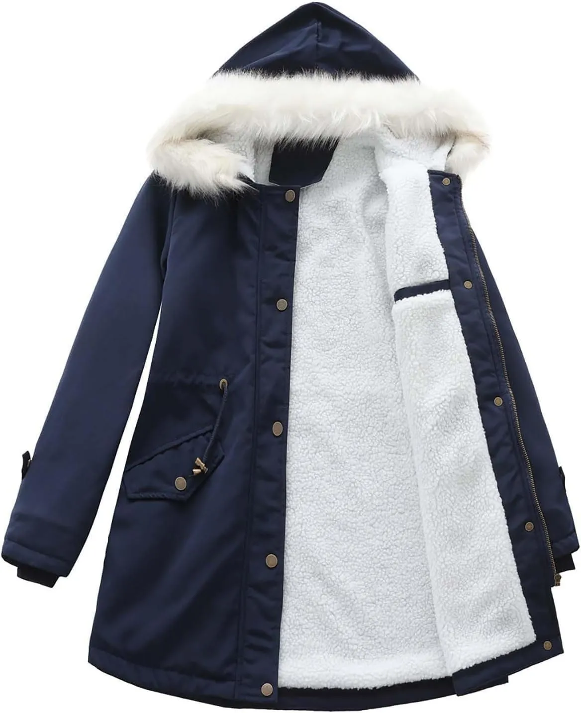 Womens Winter Fleece Jackets Warm Jackets with Faux Fur Removable Hood Casual Zipper Coats Thicken Parka