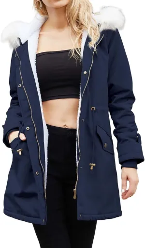 Womens Winter Fleece Jackets Warm Jackets with Faux Fur Removable Hood Casual Zipper Coats Thicken Parka