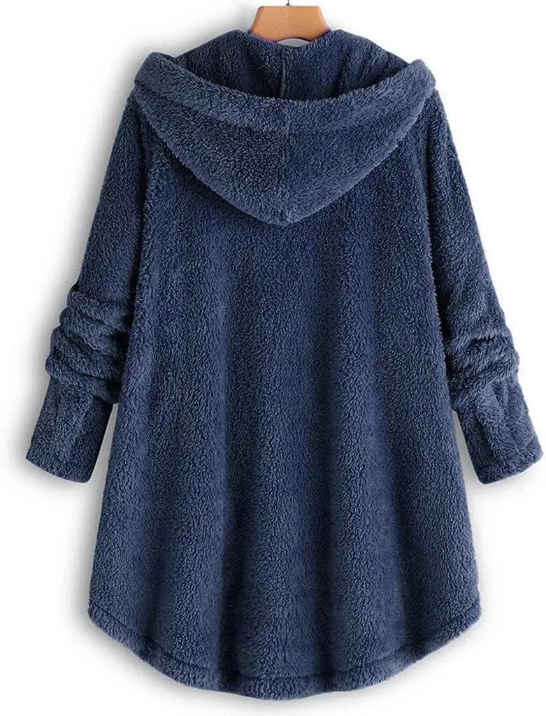 Women's Winter Jackets Plus Size Button Plush Tops Hooded Loose Cardigan Wool Coat Jacket Jackets