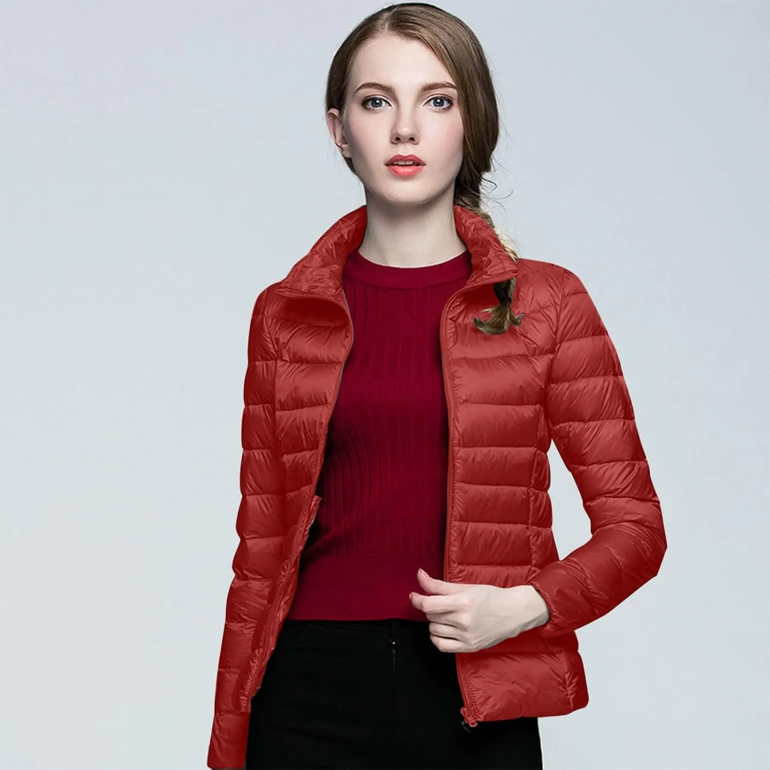 Womens Winter Lightweight Warm Puffer Jacket Fashion Cropped Zipper Down Coat Casual Solid Long Sleeve Quilted Outwear