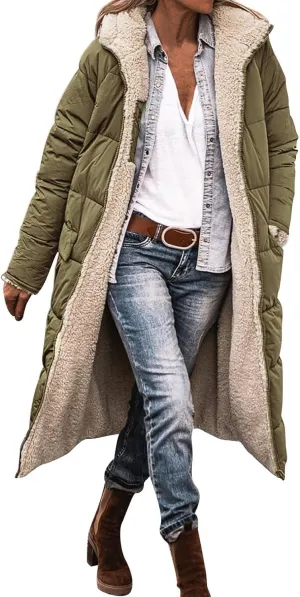 Womens Winter Long Coats Fleece Lined Warm Puffer Jackt Fashion Reversible Teddy Down Coat 2024 Outdoor Hooded Outwear