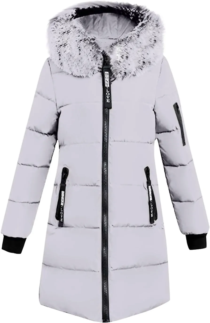 Womens Winter Long Puffer Coats Down Thicken Warm Quilted Jacket Mid-Length with Side Zipper Pocket Hood Outerwear