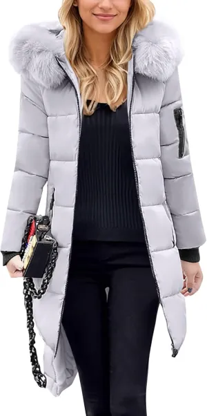 Womens Winter Long Puffer Coats Down Thicken Warm Quilted Jacket Mid-Length with Side Zipper Pocket Hood Outerwear