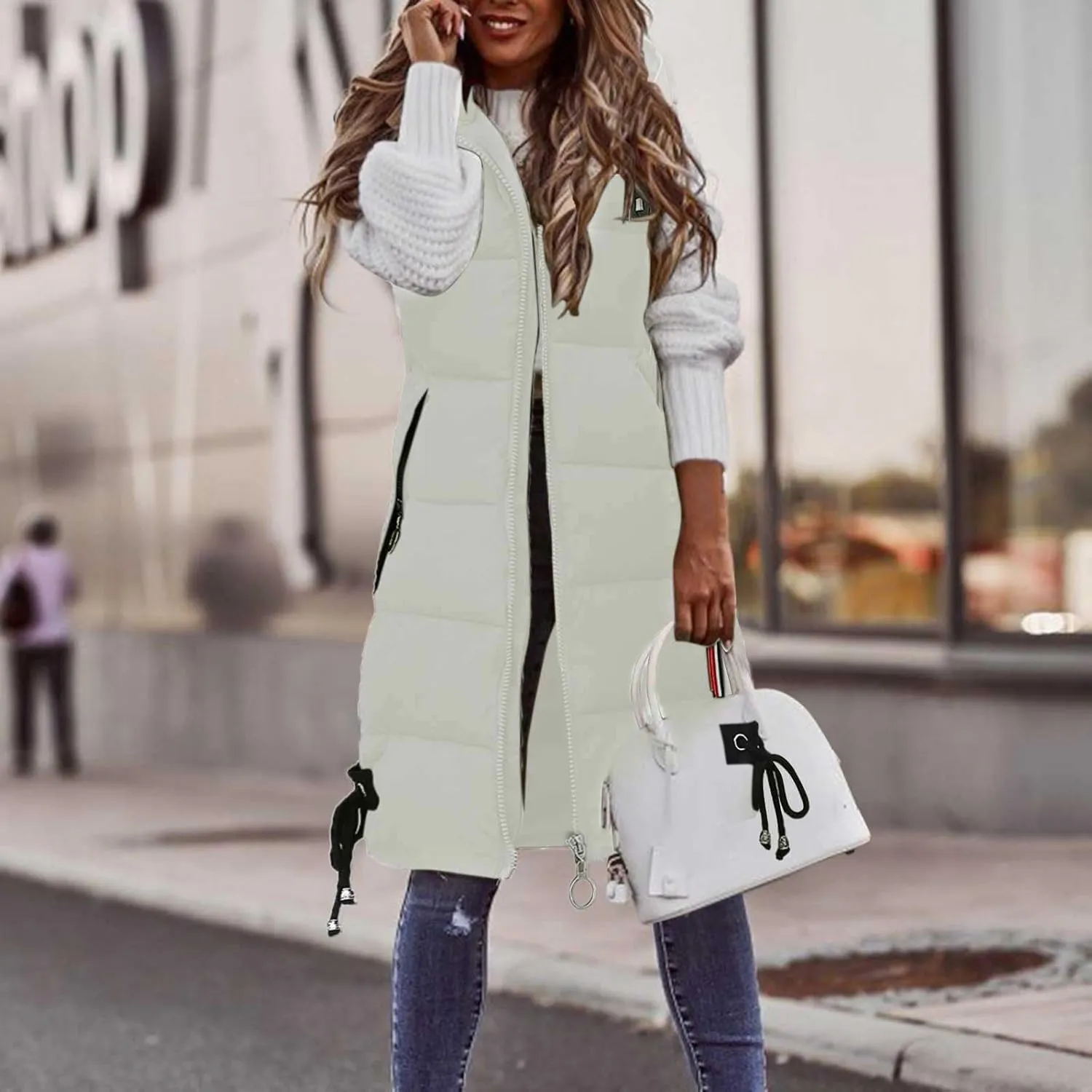 Womens Winter Long Puffer Jacket with Hood Casual Solid Sleeveless Full Zip Down Coat 2024 Fashion Loose Warm Outwear