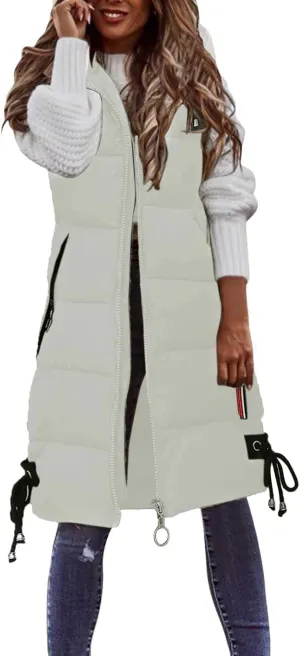 Womens Winter Long Puffer Jacket with Hood Casual Solid Sleeveless Full Zip Down Coat 2024 Fashion Loose Warm Outwear