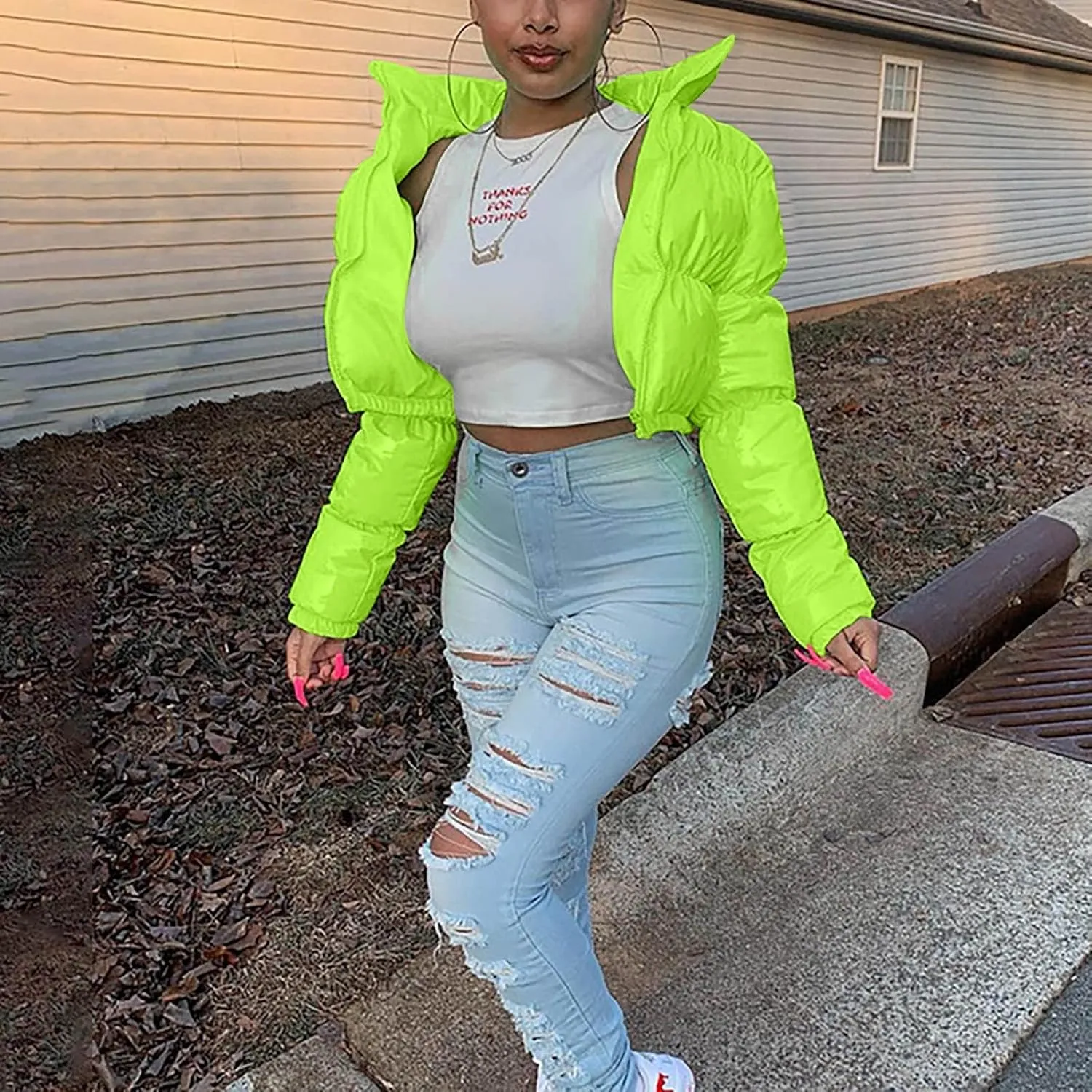 Women's Winter Long Sleeve Puffer Jacket Stand Collar Baggy Short Down Cropped Coats with Pockets Bubble Outerwear