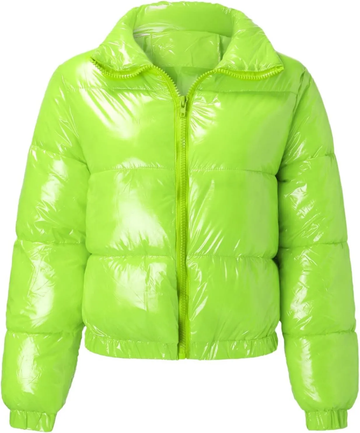 Women's Winter Long Sleeve Puffer Jacket Stand Collar Baggy Short Down Cropped Coats with Pockets Bubble Outerwear