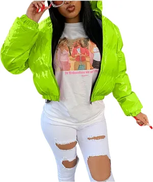 Women's Winter Long Sleeve Puffer Jacket Stand Collar Baggy Short Down Cropped Coats with Pockets Bubble Outerwear