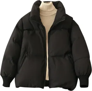 Women's Winter Oversized Cropped Puffer Jacket Zip Up Short Down Coat Stand Collar Baggy Overcoat