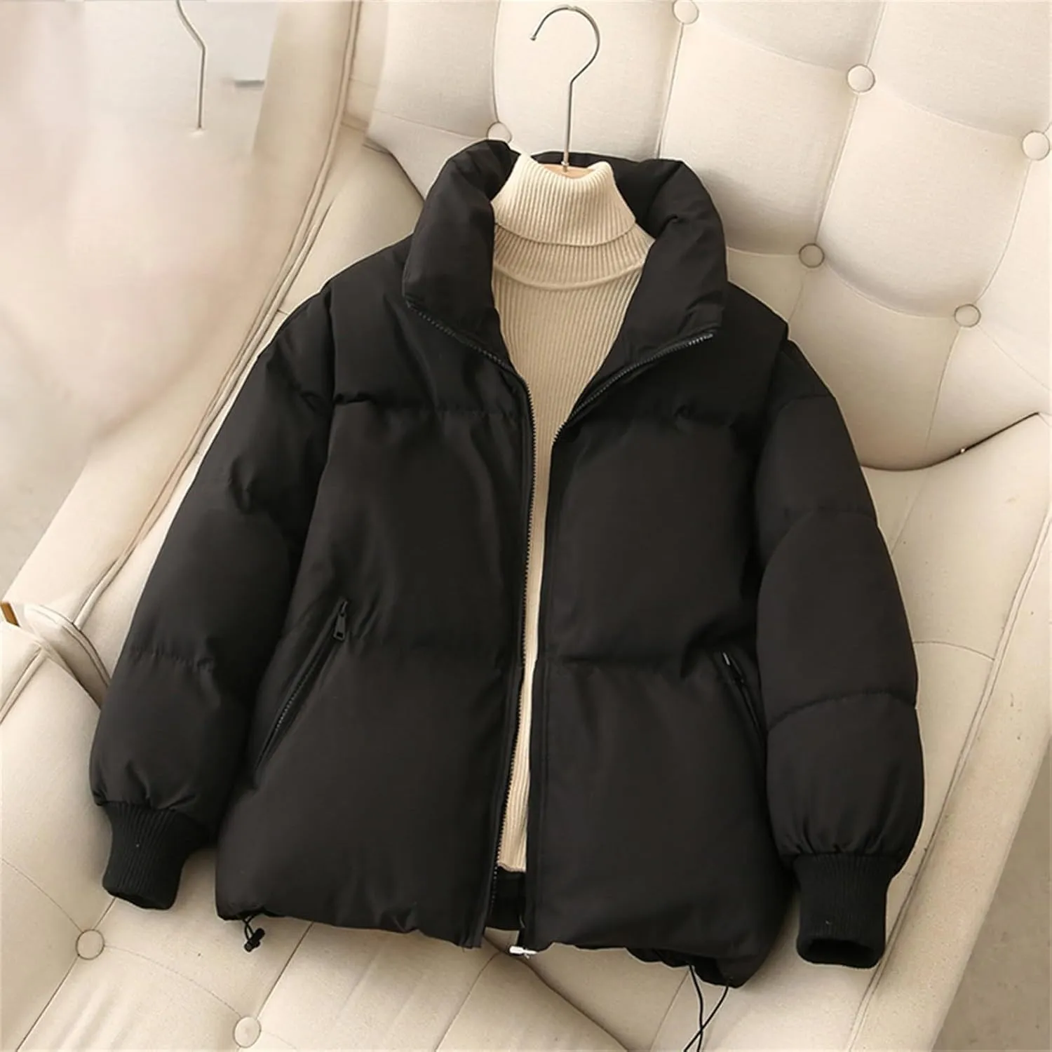 Women's Winter Oversized Cropped Puffer Jacket Zip Up Short Down Coat Stand Collar Baggy Overcoat