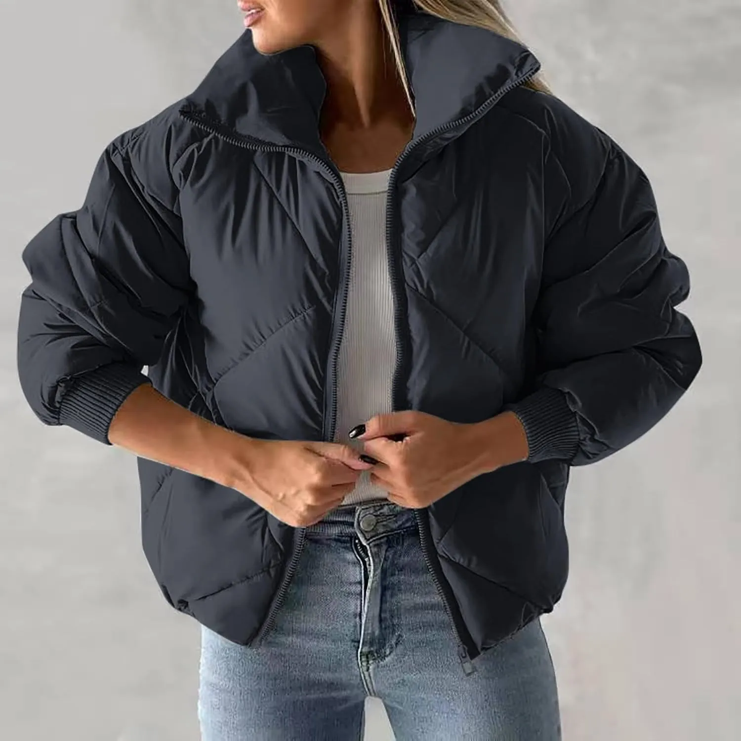 Womens Winter Puffer Jacket Warm Padded Wadded Jackets Zip Up Down Coats Quilted Puffy Outerwear Clothing