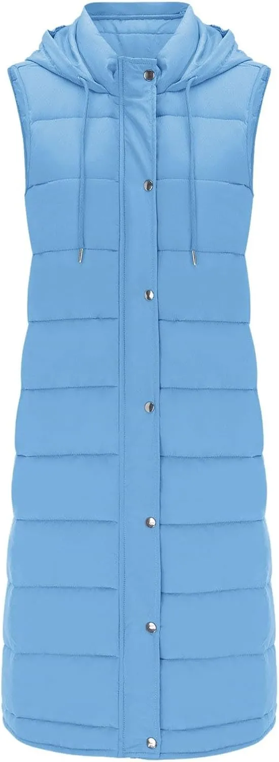 Womens Winter Warm Casual Quilted Puffer Coat Sleeveless Pockets Hooded Down Coat Fashion Solid Home Outdoor Outfits