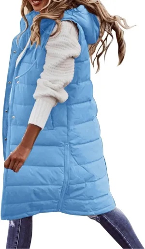 Womens Winter Warm Casual Quilted Puffer Coat Sleeveless Pockets Hooded Down Coat Fashion Solid Home Outdoor Outfits