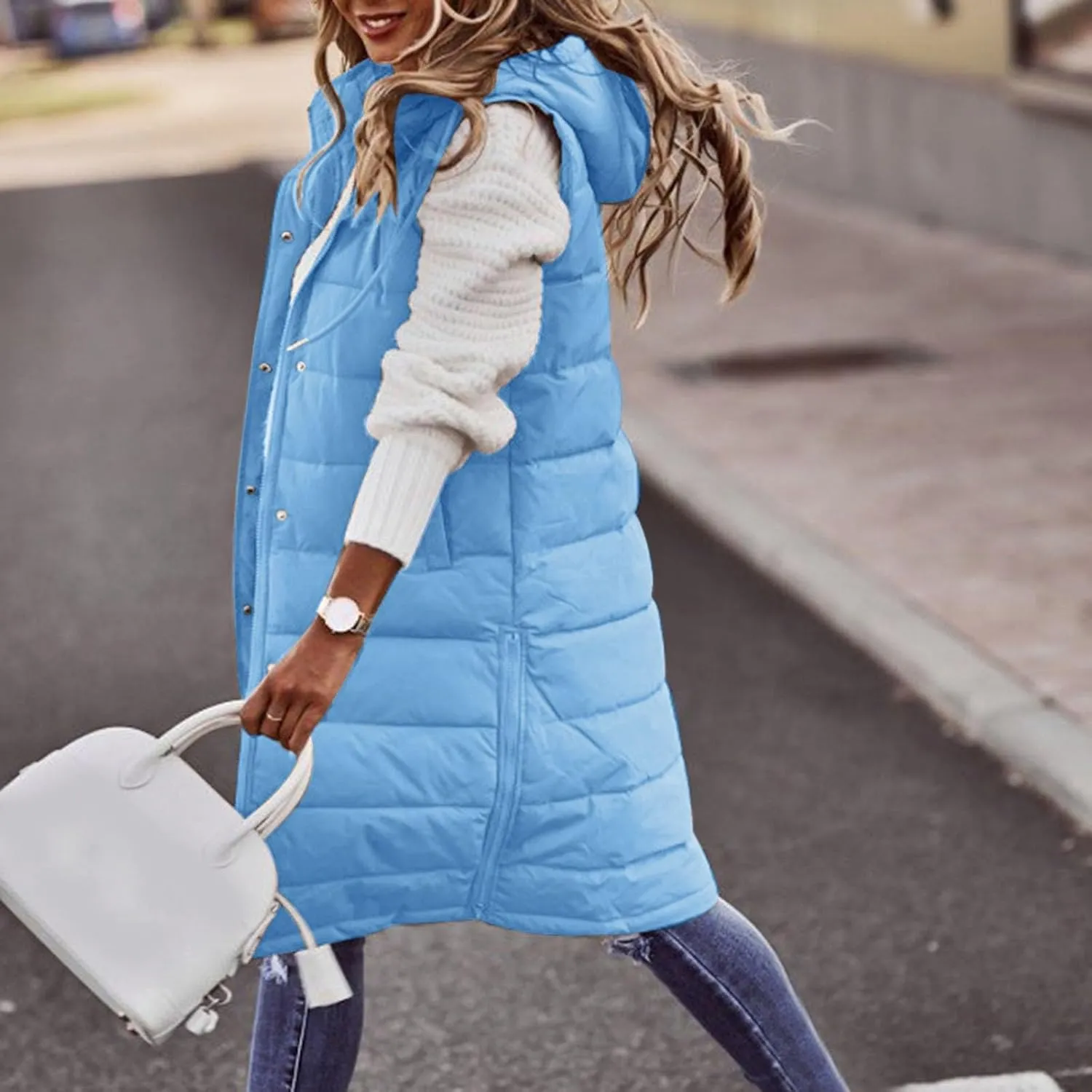 Womens Winter Warm Casual Quilted Puffer Coat Sleeveless Pockets Hooded Down Coat Fashion Solid Home Outdoor Outfits