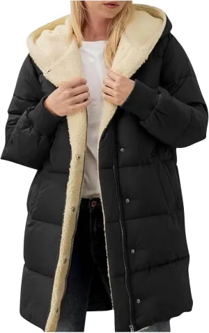 Women's Winter Warm Overcoat Lamb Fleece Lined Long Coats Casual Down Puffer Reversible Hooded Outerwear