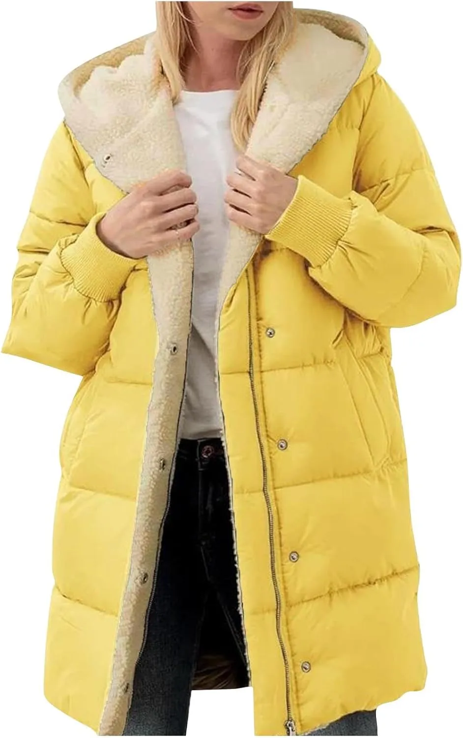 Women's Winter Warm Overcoat Lamb Fleece Lined Long Coats Casual Down Puffer Reversible Hooded Outerwear