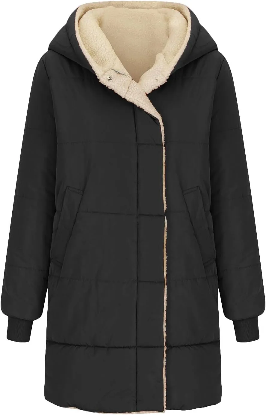 Women's Winter Warm Overcoat Lamb Fleece Lined Long Coats Casual Down Puffer Reversible Hooded Outerwear