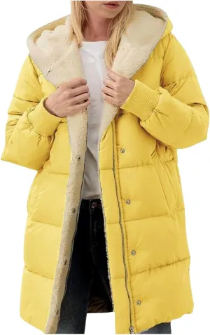Women's Winter Warm Overcoat Lamb Fleece Lined Long Coats Casual Down Puffer Reversible Hooded Outerwear