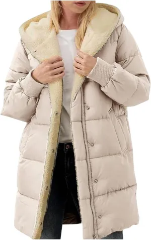 Women's Winter Warm Overcoat Lamb Fleece Lined Long Coats Casual Down Puffer Reversible Hooded Outerwear