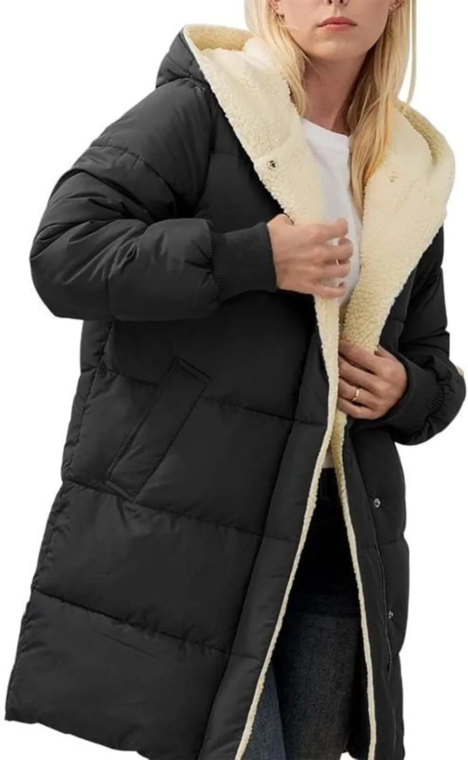 Women's Winter Warm Overcoat Lamb Fleece Lined Long Coats Casual Down Puffer Reversible Hooded Outerwear