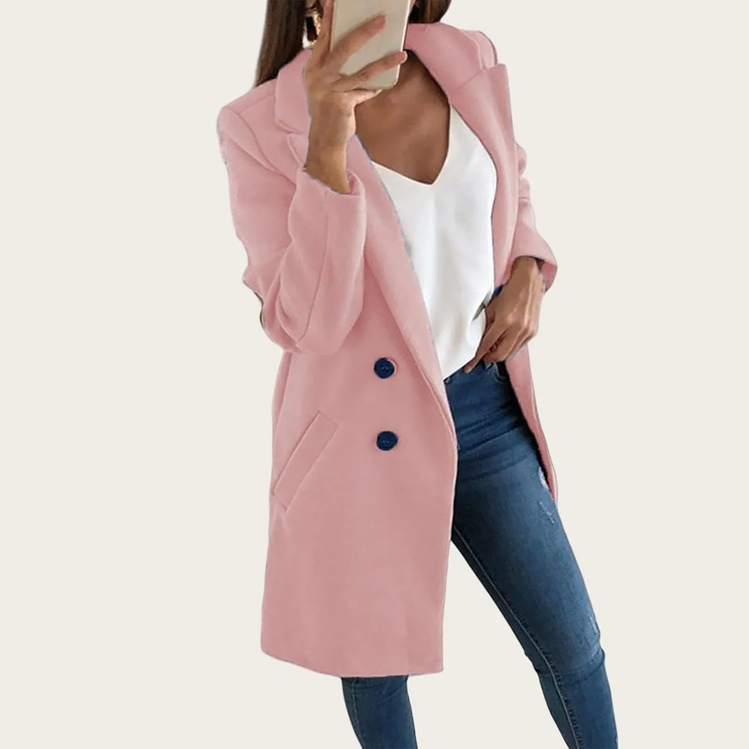Women's Winter Wool Coat Elegant Notched Collar Double Breasted Wool Blend Over Coat Notch Lapel Trench Coat Overcoat