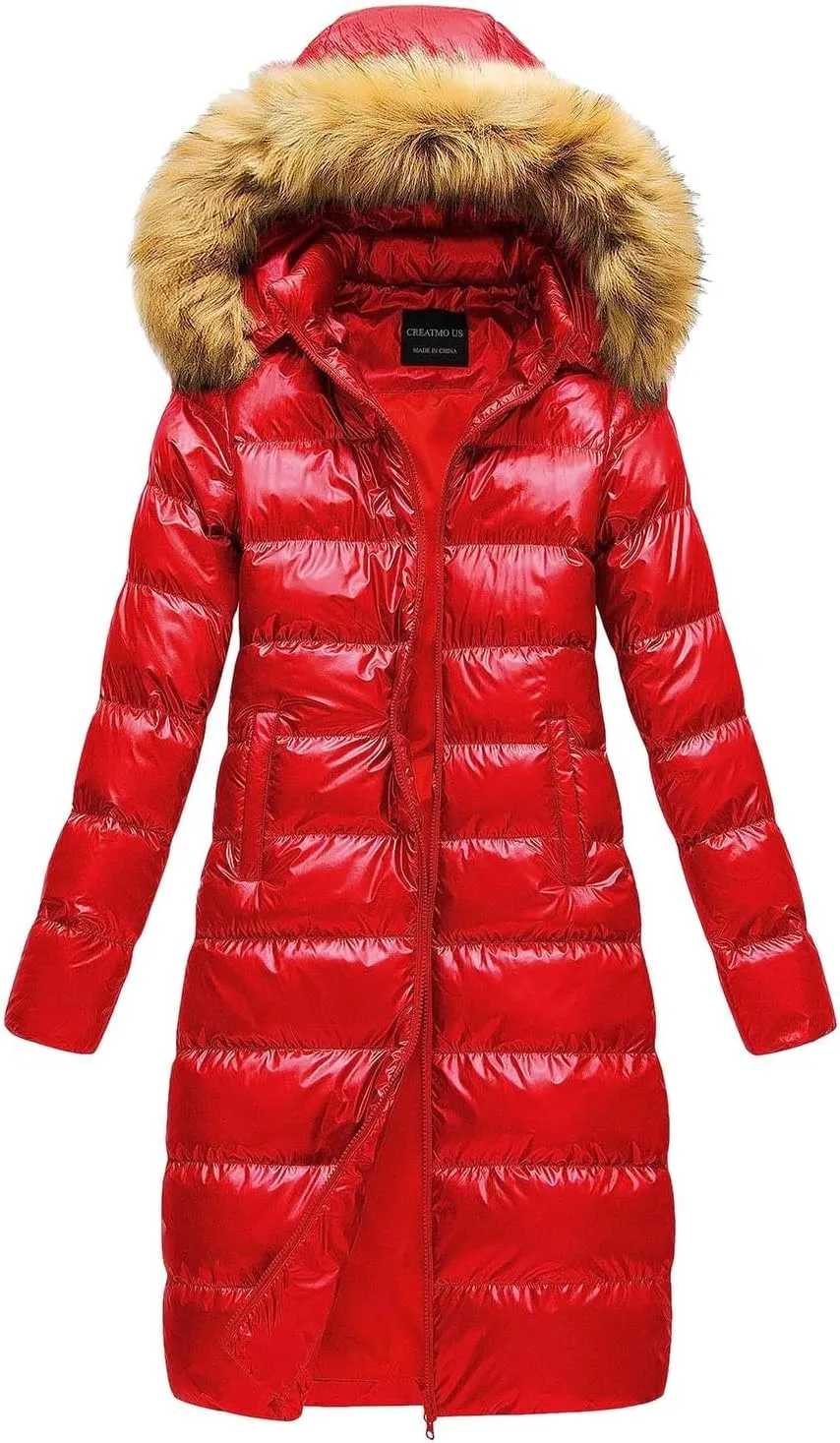 Womens Winter Zipper Quilted Puffer Coat Long Sleeve Hooded Down Coat Casual Insulated Pockets Overcoat Outdoor Clothes